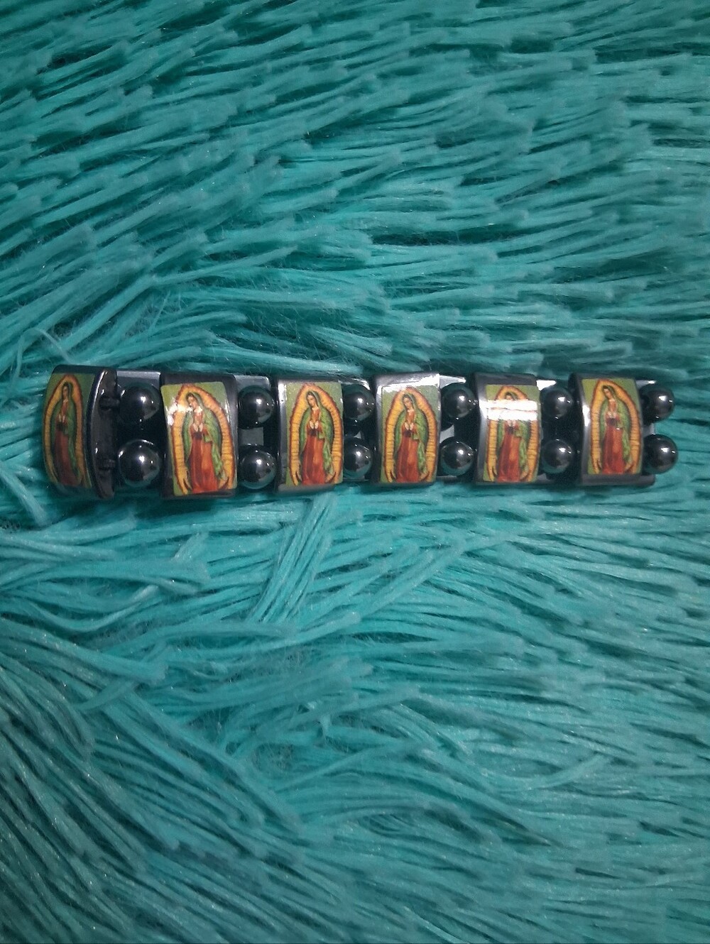Religious Stretch Bracelet with Black Hematite Beads and Colorful Icon Panels